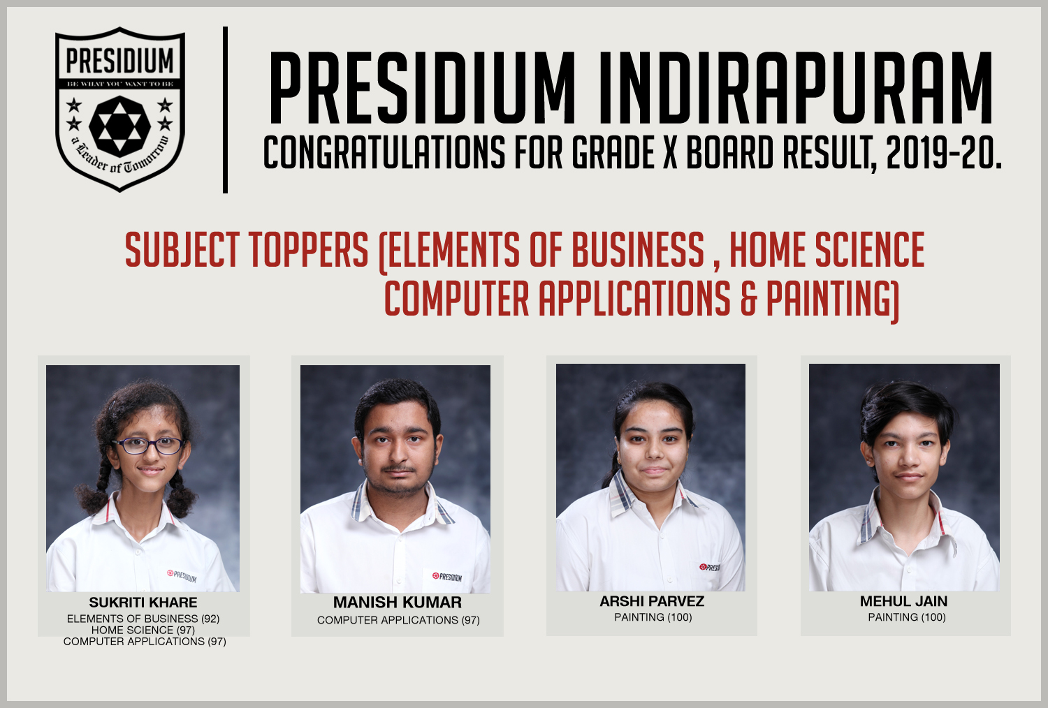 Presidium Indirapuram, KUDOS PRESIDIANS FOR EXCEPTIONAL XTH BOARD RESULTS (2019-20)